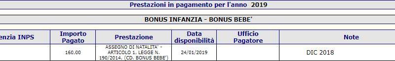 Fascicolo Previdenziale Inps - Pagamenti Bonus Bebè Gennaio 2019