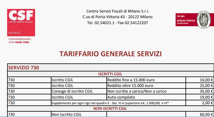 Tariffario CAF Cgil Milano