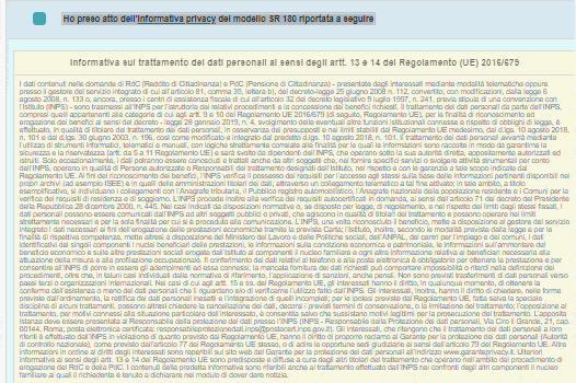 Ho preso atto dell’informativa privacy del modello SR 180 riportata a seguire