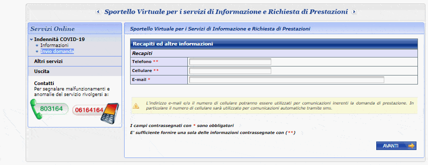 Indennità Covid 19 Contatti telefonici