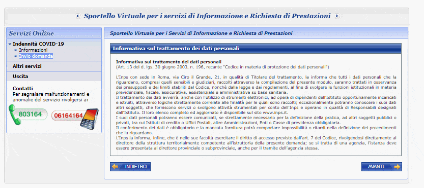 Privacy domanda indennità Covid 19